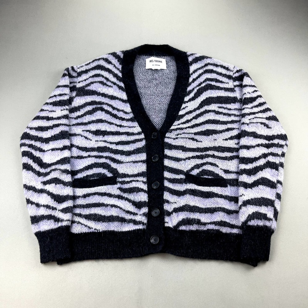 RE/DONE Cardigan Sweater Womens Large Purple Tiger Intarsia Oversize Alpaca Wool